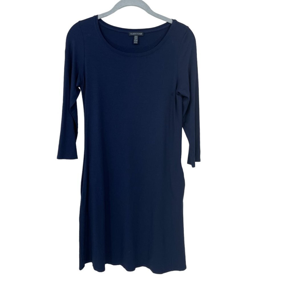 Eileen Fisher Dress XS Oversized Stretch Long Sleeve Pockets Blue Knee‎ Length